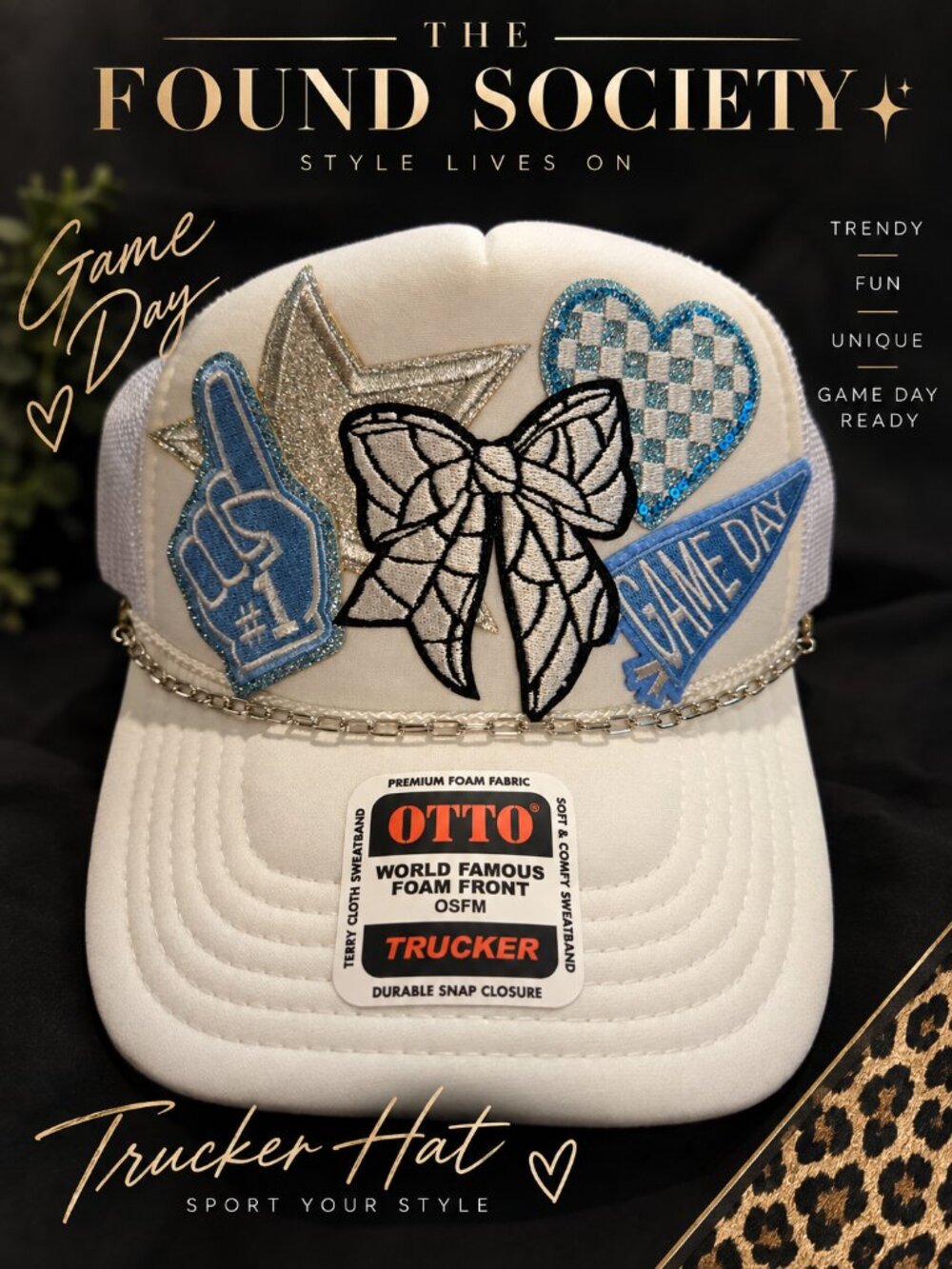 NWT OTTO Game Day Patch Trucker Hat White Blue Bow Chain OSFM